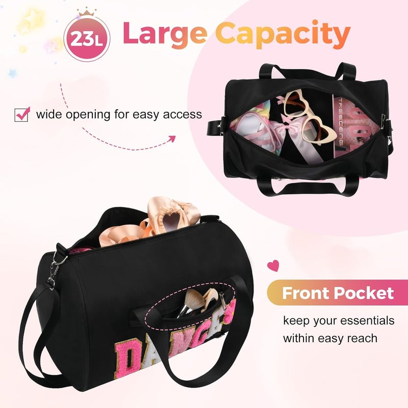 KUIRAN Store Dance Bag for Girls, 23L Waterproof Travel Duffel Bag with Colorful Chenille Letter, Lightweight Small Gym Sport Ballet Weekender Bag with Large Main Compartment - Black/White/Pink - Image 3